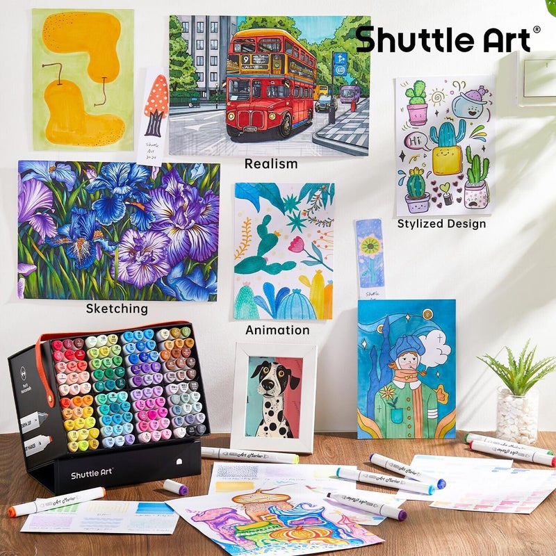 Shuttle Art 121 لون من علامات الكحول، مجموعة علامات فنية مزدوجة الطرف 120 لون بالإضافة إلى 1 خلاط عديم اللون مع حقيبة علامات مثالية للطلاب في الرسم التوضيحي وتلوين البالغين والرسم التخطيطي - Image 5