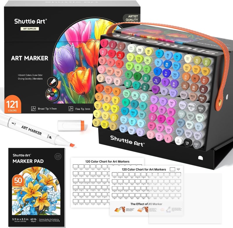 Shuttle Art 121 لون من علامات الكحول، مجموعة علامات فنية مزدوجة الطرف 120 لون بالإضافة إلى 1 خلاط عديم اللون مع حقيبة علامات مثالية للطلاب في الرسم التوضيحي وتلوين البالغين والرسم التخطيطي - Image 1