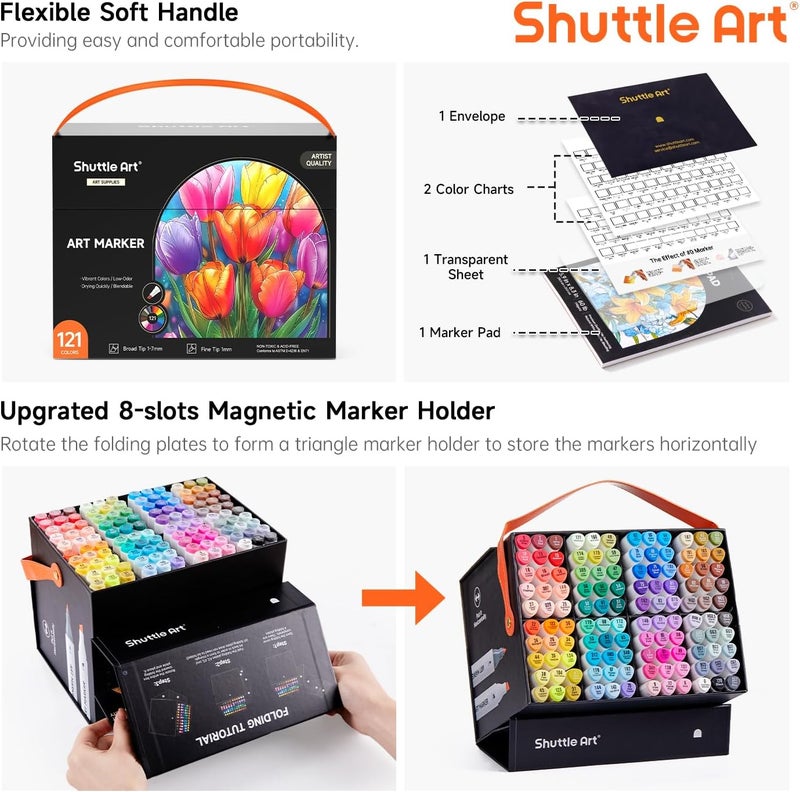 Shuttle Art 121 لون من علامات الكحول، مجموعة علامات فنية مزدوجة الطرف 120 لون بالإضافة إلى 1 خلاط عديم اللون مع حقيبة علامات مثالية للطلاب في الرسم التوضيحي وتلوين البالغين والرسم التخطيطي - Image 4