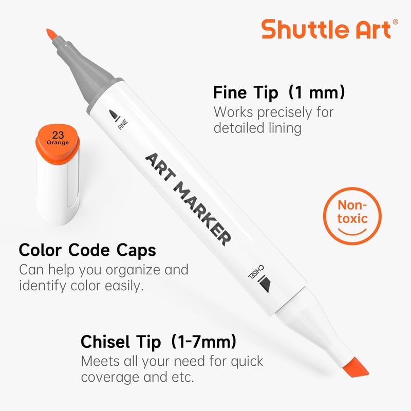 Shuttle Art 121 لون من علامات الكحول، مجموعة علامات فنية مزدوجة الطرف 120 لون بالإضافة إلى 1 خلاط عديم اللون مع حقيبة علامات مثالية للطلاب في الرسم التوضيحي وتلوين البالغين والرسم التخطيطي - Image 3