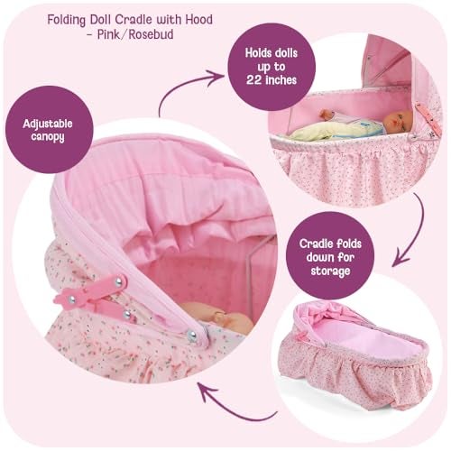 Badger Basket Folding Doll Cradle with Hood fits Dolls 18 to 22-Inches - Pink/Rosebud Design with Bedding for Imaginative Play - Image 2