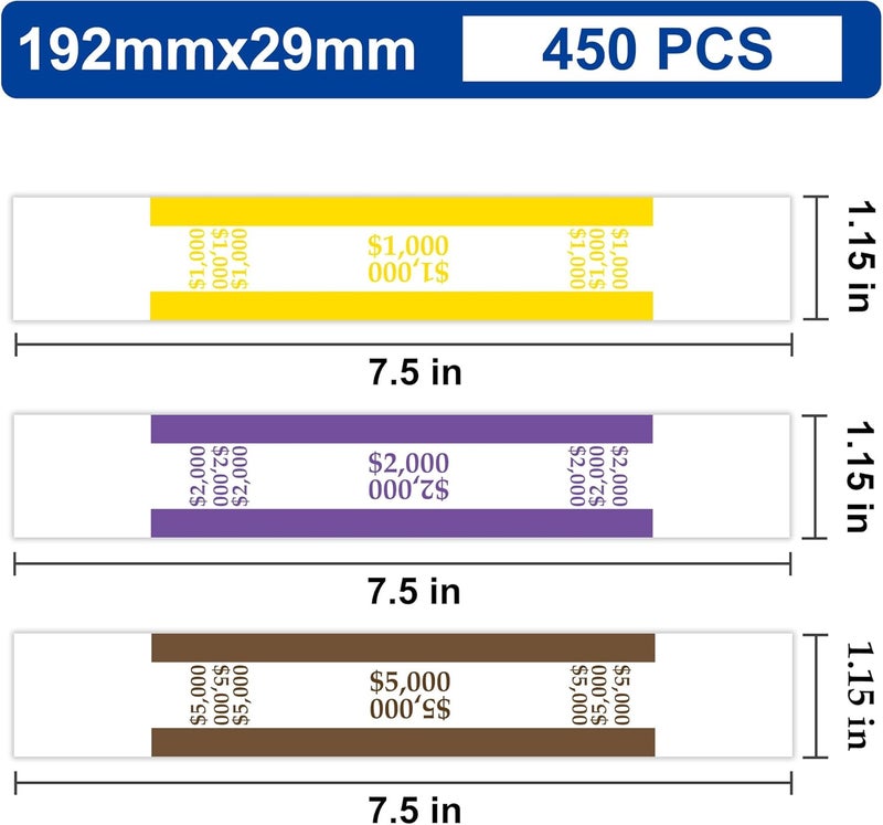YSSENTIALS Currency Straps –450 Assorted Bill Wrappers, Money Bands to Organize Bills, ABA Standard Colors, Self-Adhesive, 7.5 x 1.15 Inches (450 Assorted/ 50 of Each) - Image 2