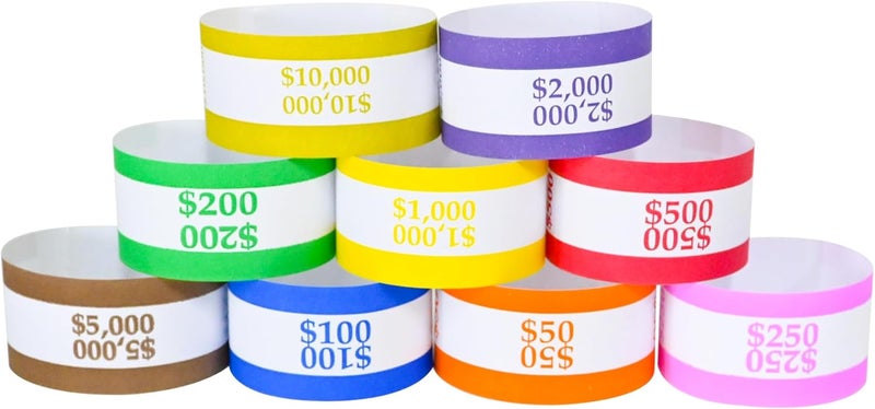 YSSENTIALS Currency Straps –450 Assorted Bill Wrappers, Money Bands to Organize Bills, ABA Standard Colors, Self-Adhesive, 7.5 x 1.15 Inches (450 Assorted/ 50 of Each) - Image 3