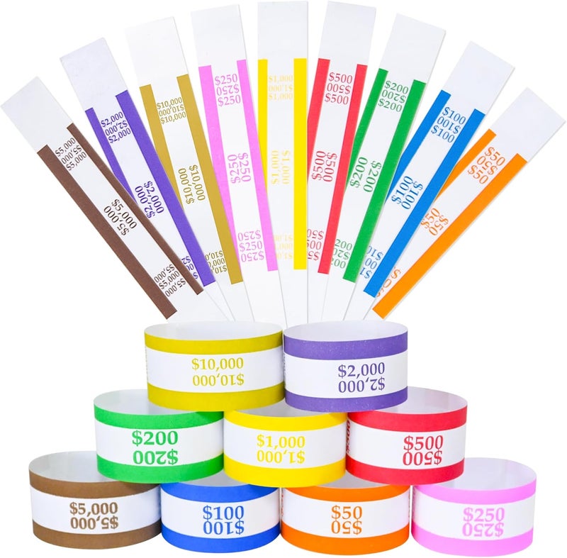 YSSENTIALS Currency Straps –450 Assorted Bill Wrappers, Money Bands to Organize Bills, ABA Standard Colors, Self-Adhesive, 7.5 x 1.15 Inches (450 Assorted/ 50 of Each) - Image 1
