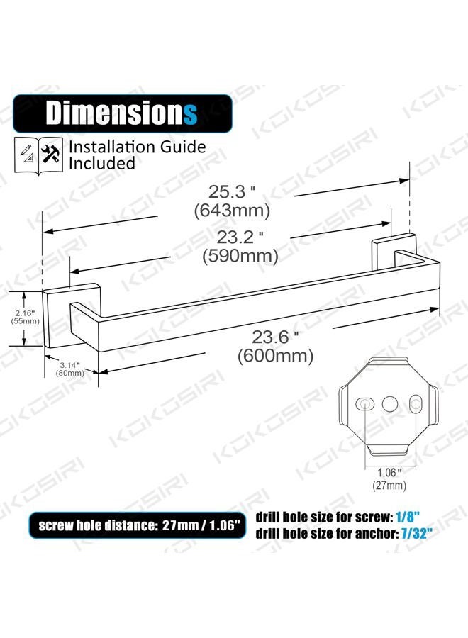 KOKOSIRI 24-Inch Single Towel Bar, Bathroom Kitchen Towel Holder, Wall Mounted SUS304 Stainless Steel Towel Rack, Brushed Nickel, B4003BR-L24 - Image 2