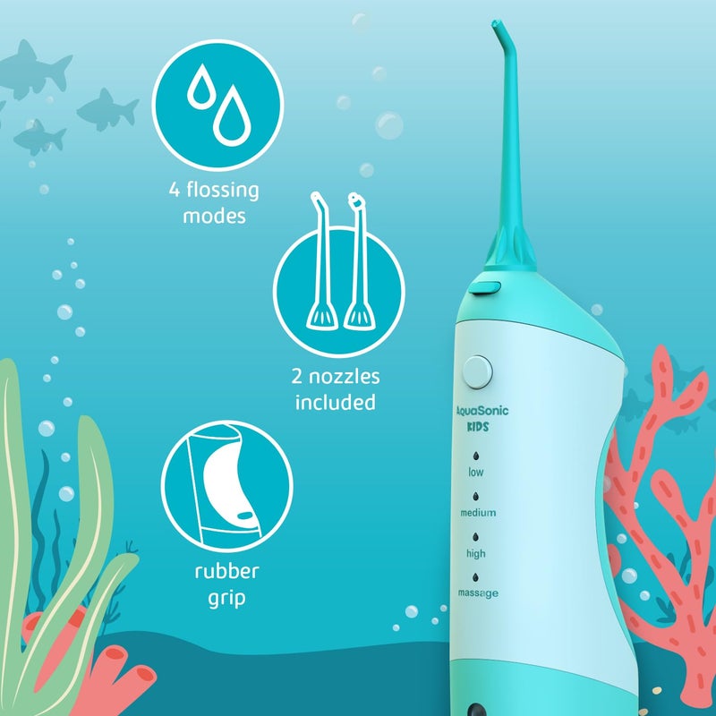 AquaSonic Kids' Water Flosser for Ages 6+ | Standard Nozzle, Orthodontic Nozzle & Waterproof Stickers | 4 Flossing Modes | Aquarium Adventures Theme (Blue) - Image 2