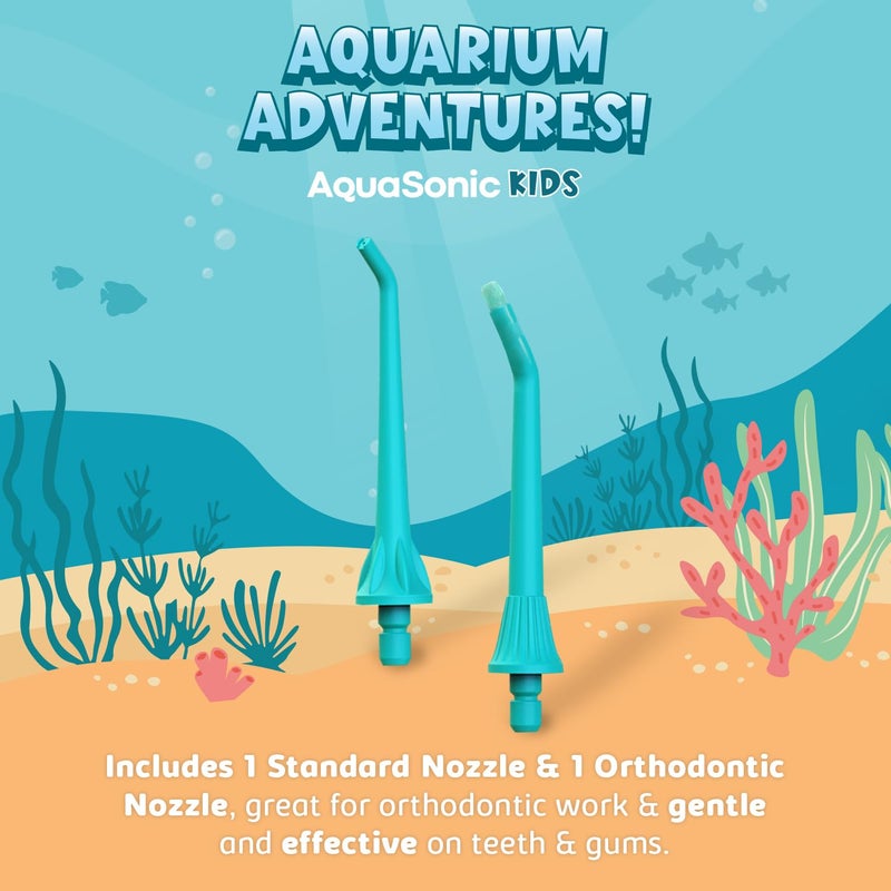 AquaSonic Kids' Water Flosser for Ages 6+ | Standard Nozzle, Orthodontic Nozzle & Waterproof Stickers | 4 Flossing Modes | Aquarium Adventures Theme (Blue) - Image 3
