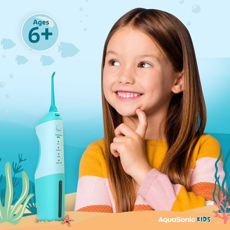 AquaSonic Kids' Water Flosser for Ages 6+ | Standard Nozzle, Orthodontic Nozzle & Waterproof Stickers | 4 Flossing Modes | Aquarium Adventures Theme (Blue) - Image 5
