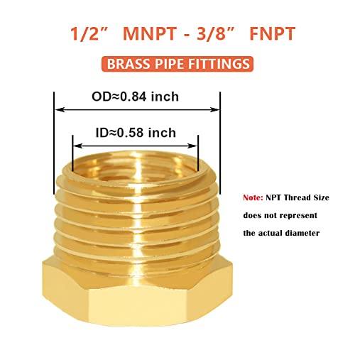 Hooshing 6PCS Brass Reducer Hex Bushing 1/2" NPT Male to 3/8" NPT Female Thread Pipe Fitting Atapter - Image 2