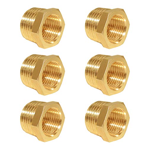 Hooshing 6PCS Brass Reducer Hex Bushing 1/2" NPT Male to 3/8" NPT Female Thread Pipe Fitting Atapter - Image 1