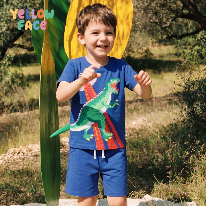 Boys Summer Set Round Neck Short Sleeve Cute Dinosaur Print 2-Piece - Image 1