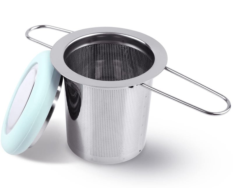 Fenshine Tea Infuser Stainless Steel Tea Strainer Folding Handle Tea Filter Extra Fine Mesh Strainer Brewing Basket with Lid for Loose Leaf Tea Light Blue