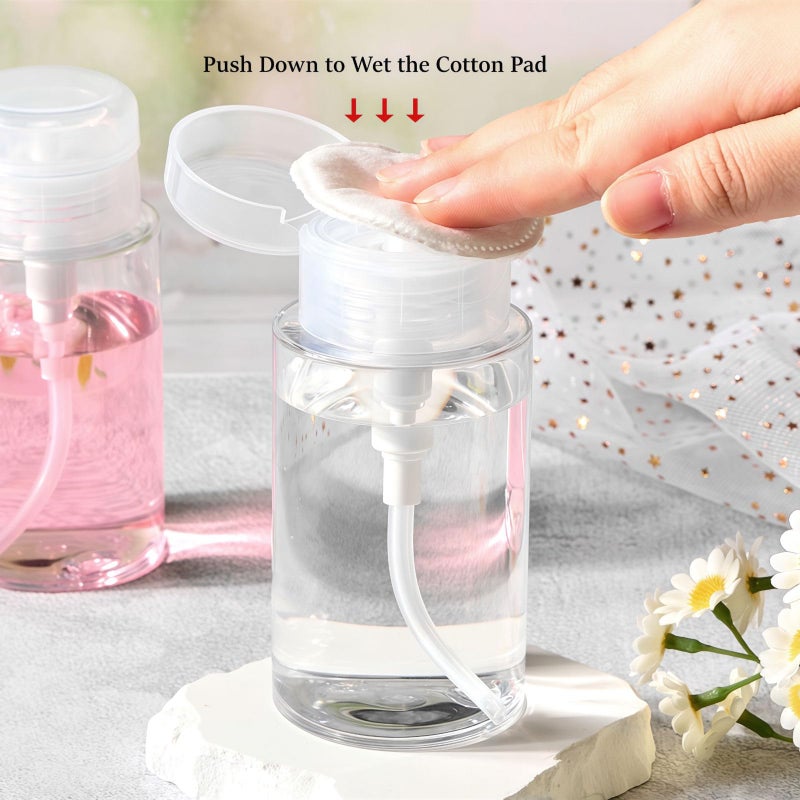 TUZAZO 3 Pack Push Down Pump Bottle Dispenser for Makeup Remover, Facial Toner, Micellar Water, Alcohol, Nail Polish Remover Empty Push Top Bottles Containers 6.7oz/200ML - Image 3