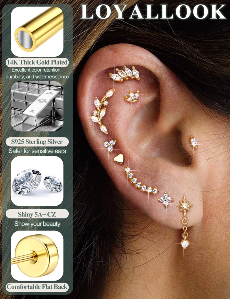LOYALLOOK 925 Sterling Silver Flat Back Stud Earrings for Women Hypoallergenic | 14K Gold Plated Cartilage Earrings for Sensitive Ears | Small Dangle Helix Conch Tragus Piercing Jewelry 20G - Image 3