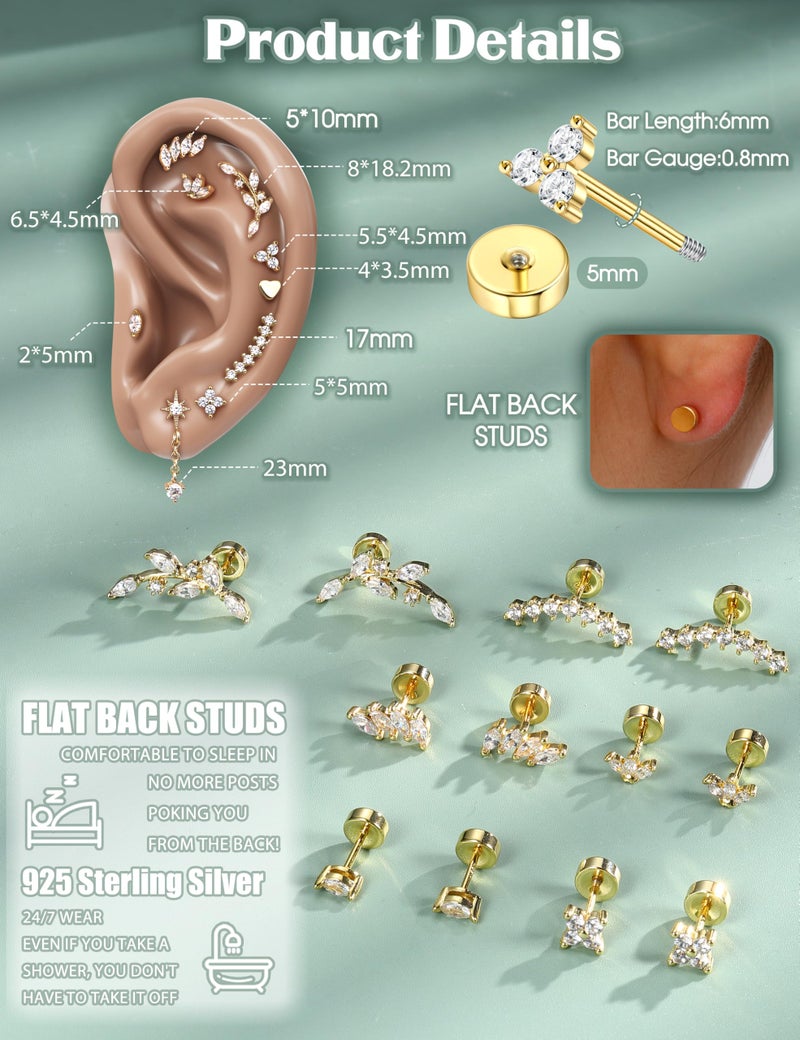 LOYALLOOK 925 Sterling Silver Flat Back Stud Earrings for Women Hypoallergenic | 14K Gold Plated Cartilage Earrings for Sensitive Ears | Small Dangle Helix Conch Tragus Piercing Jewelry 20G - Image 5