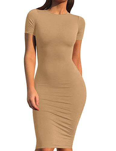 Mokoru Women's Casual Basic Pencil Dress Sexy Long Sleeve Bodycon Midi Club Dress, Small, Short Sleeve Khaki - Image 2