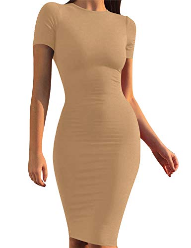 Mokoru Women's Casual Basic Pencil Dress Sexy Long Sleeve Bodycon Midi Club Dress, Small, Short Sleeve Khaki - Image 4