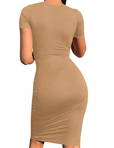 Mokoru Women's Casual Basic Pencil Dress Sexy Long Sleeve Bodycon Midi Club Dress, Small, Short Sleeve Khaki - Image 3