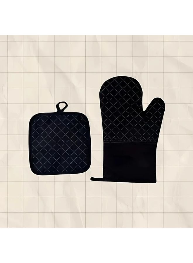 Black Anti Slip Glove Set With Pot Holder Soft Comfortable Super Grip Kitchen Tool - Image 1