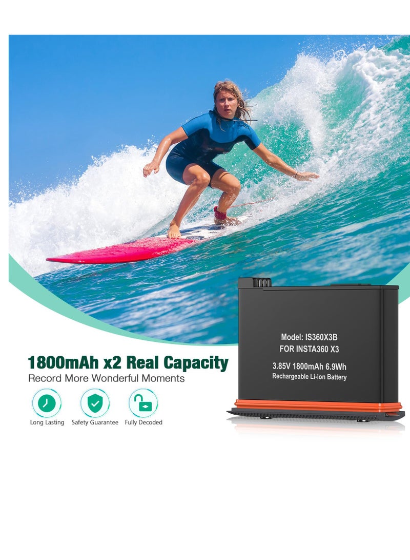 SYOSI عبوتان بديلتان لبطارية إنستا 360 x3 سعة 1800mAh وشاحن هاب سريع بمنفذين متوافق مع كاميرا إنستا360 X3 عالية السعة (متوافق تمامًا مع الأصل) - Image 2