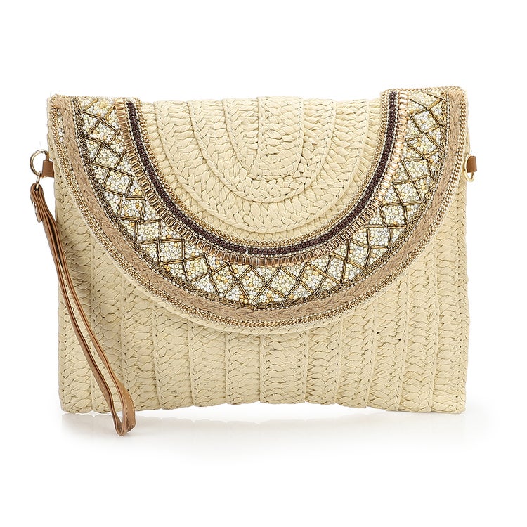 Mr.joe Mr Joe Bohemian Straw and Beaded Clutch Bag with Wristlet Strap Beige -4156 - Image 1