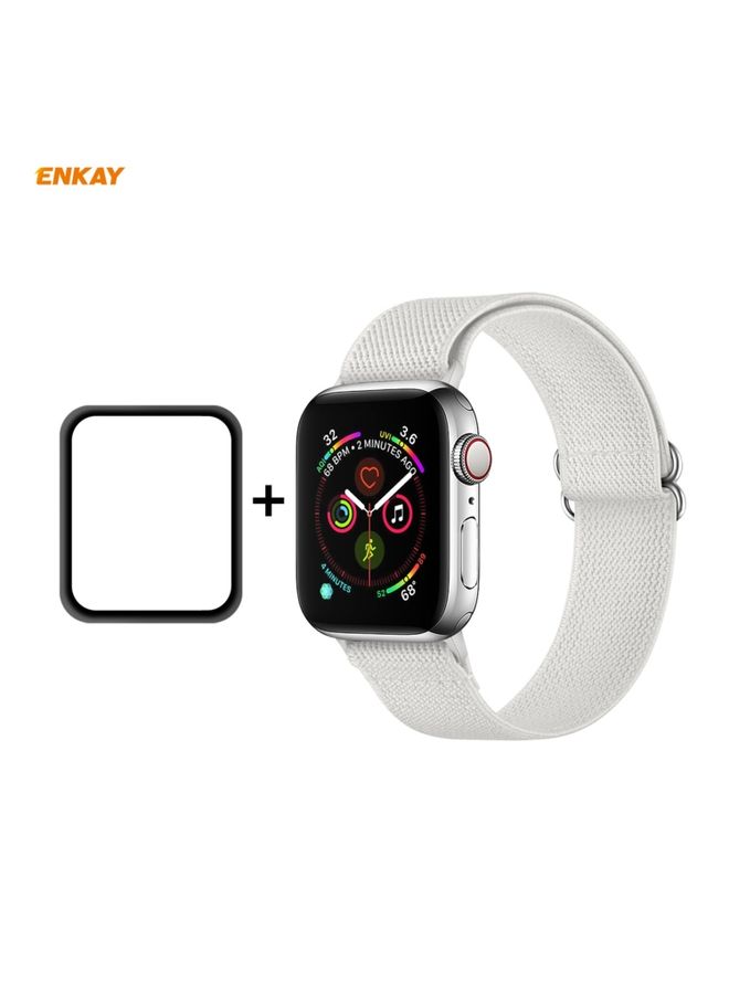 Replacement Strap For Apple Watch Series 6/5/4/SE 40mm Hat-Prince ENKAY 2 in 1 Adjustable Flexible Polyester Wrist Watch Band + Full Screen Full Glue PMMA Curved HD Screen Protector White