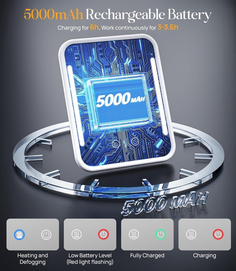 جوسبير مرآة الاستحمام المدفأة من جوسباير الخالية من الضباب للحلاقة مع إضاءة، وبطارية قابلة لإعادة الشحن وسطوع قابل للتعديل، وكوب شفط وحامل شفرة حلاقة، قابلة للإزالة وبدون حفر، مقاومة للماء للحمام (أبيض) - Image 5