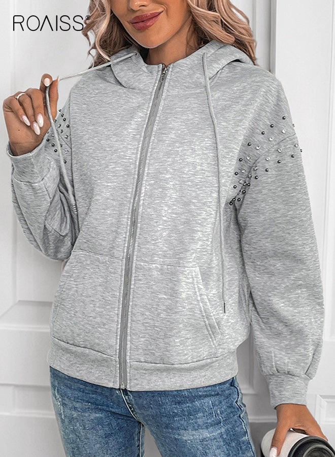 رويس هودي نسائي، سترة كاجوال بأكمام طويلة بلون واحد، سترة رياضية مزينة بمسامير وسحاب، سترة رياضية شتوية مريحة ودافئة للارتداء اليومي، رمادي فاتح - Image 4