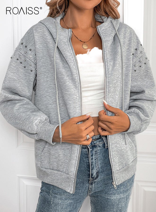 رويس هودي نسائي، سترة كاجوال بأكمام طويلة بلون واحد، سترة رياضية مزينة بمسامير وسحاب، سترة رياضية شتوية مريحة ودافئة للارتداء اليومي، رمادي فاتح - Image 5