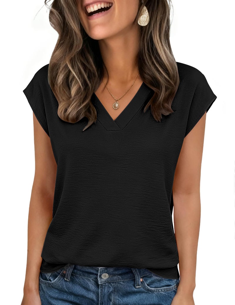Zeagoo Shirts for Women Short Sleeve Lightweight Basic Tshirt Textured V Neck Fashion Work Tops A-Black - Image 1