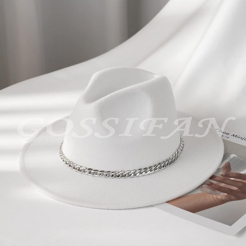 Gossifan Women Men Wide Brim Fedoran Hat with Chain Belt Buckle - Image 4