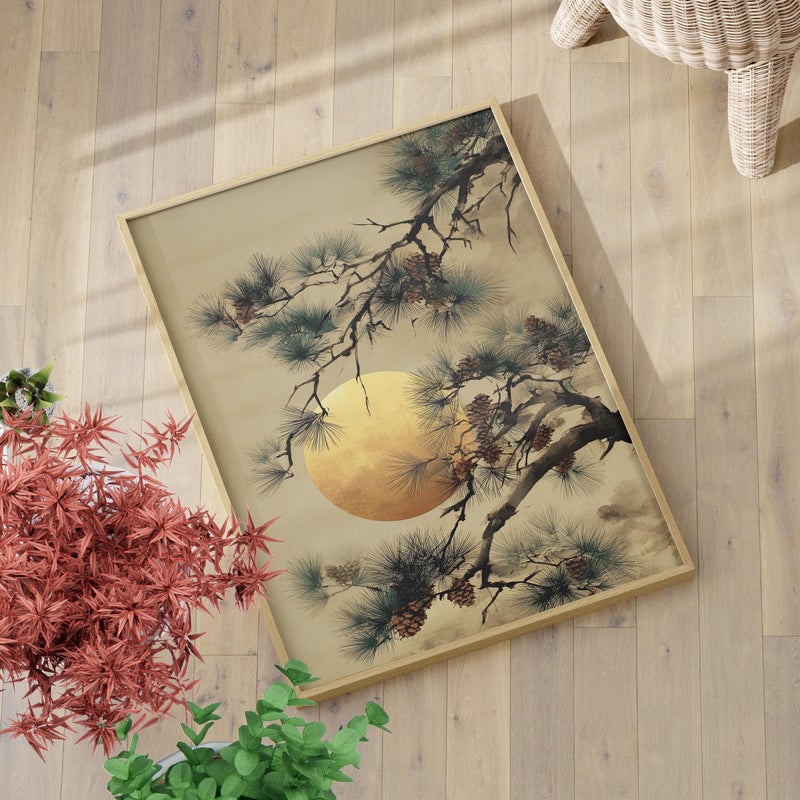 TNESSENTIAL Gold Sun Pine Tree Branch Japanese Poster or Canvas Print, Gold Accent Minimalist Zen Wall Decor, Vintage Style Asian Moody Nature Wall Art - Image 1