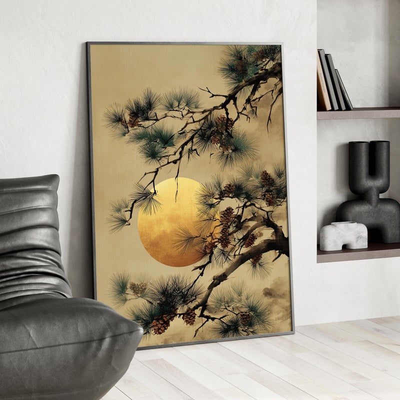 TNESSENTIAL Gold Sun Pine Tree Branch Japanese Poster or Canvas Print, Gold Accent Minimalist Zen Wall Decor, Vintage Style Asian Moody Nature Wall Art - Image 3