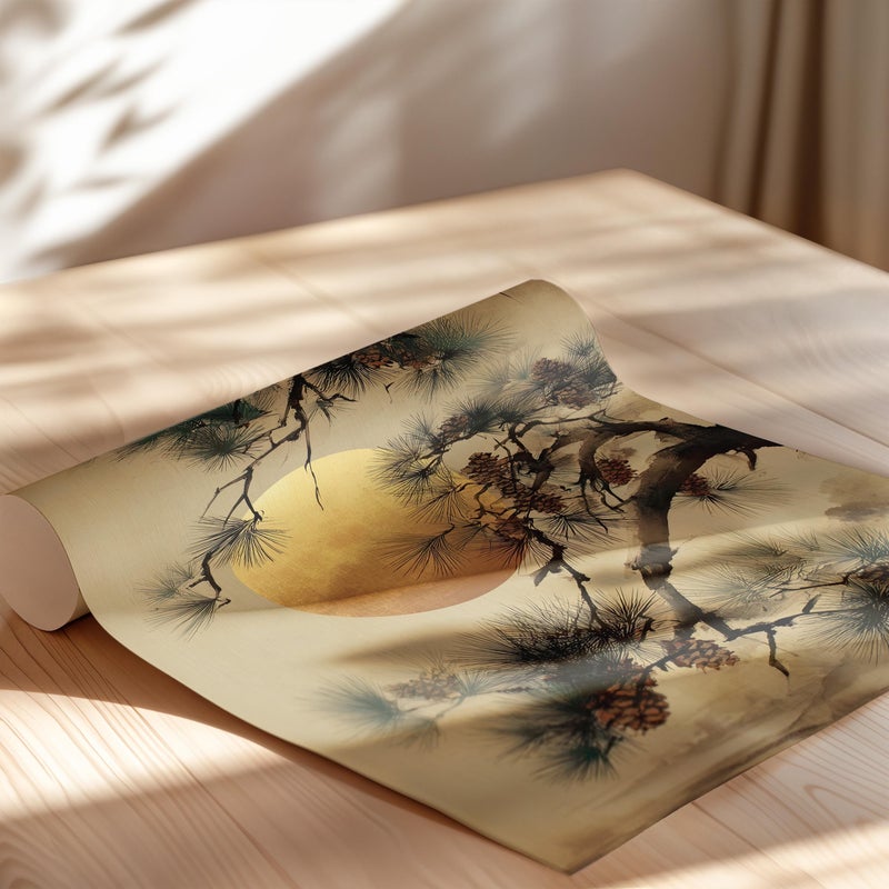 TNESSENTIAL Gold Sun Pine Tree Branch Japanese Poster or Canvas Print, Gold Accent Minimalist Zen Wall Decor, Vintage Style Asian Moody Nature Wall Art - Image 2
