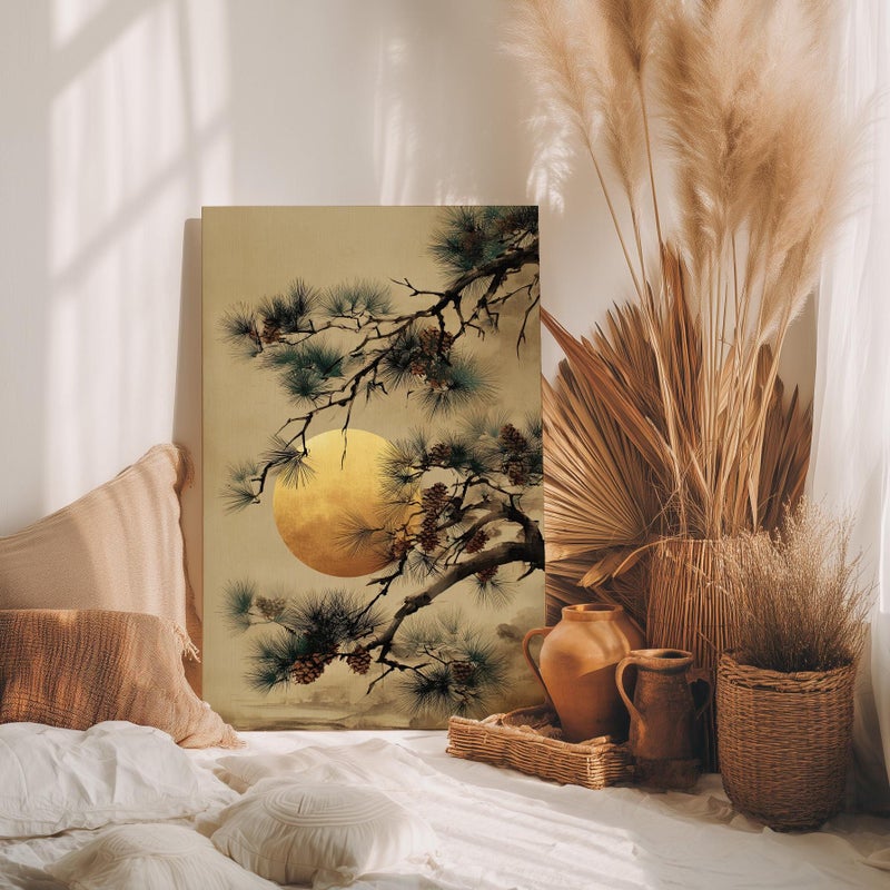 TNESSENTIAL Gold Sun Pine Tree Branch Japanese Poster or Canvas Print, Gold Accent Minimalist Zen Wall Decor, Vintage Style Asian Moody Nature Wall Art - Image 4
