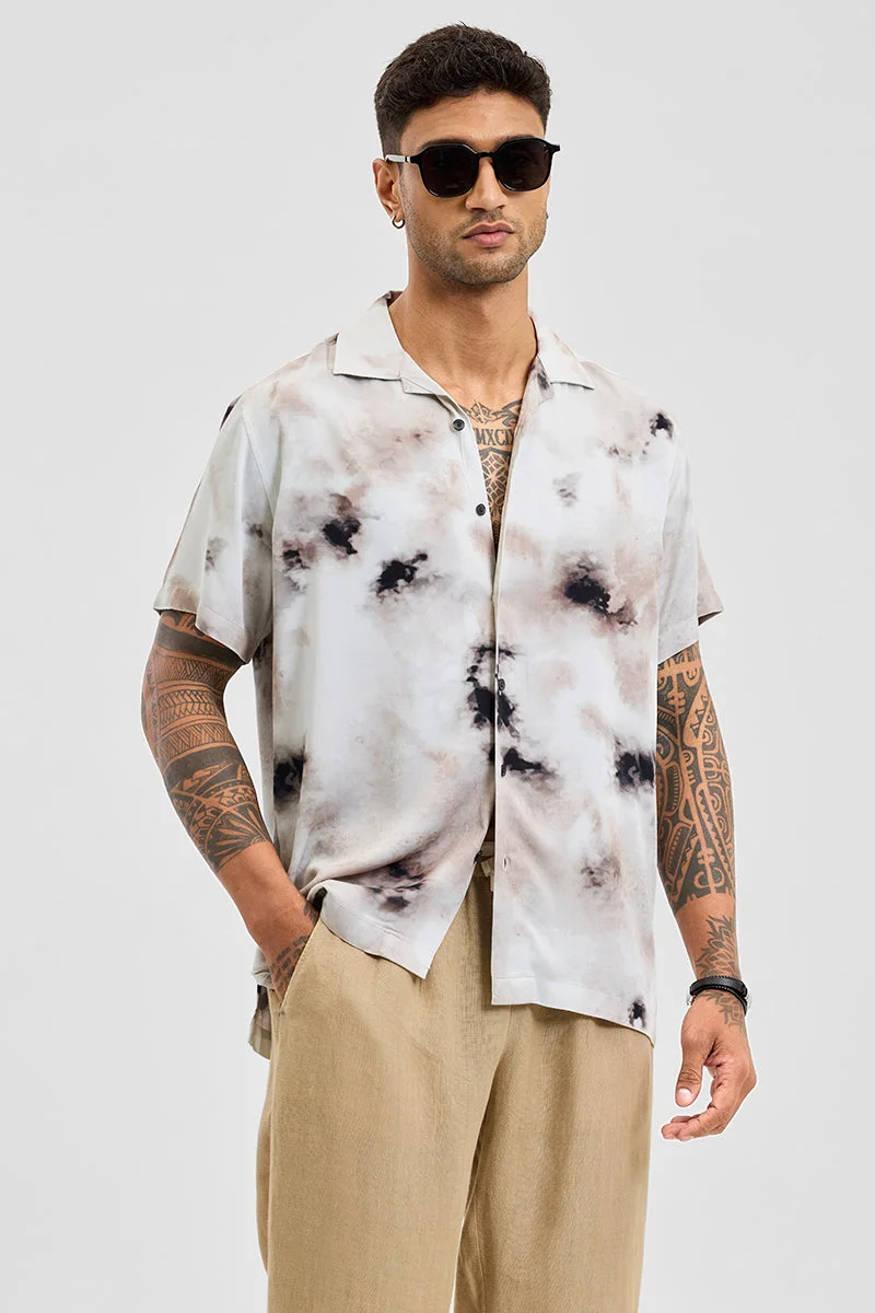 سنيتش Off White Abstract Half Sleeve Boxy Casual Shirt