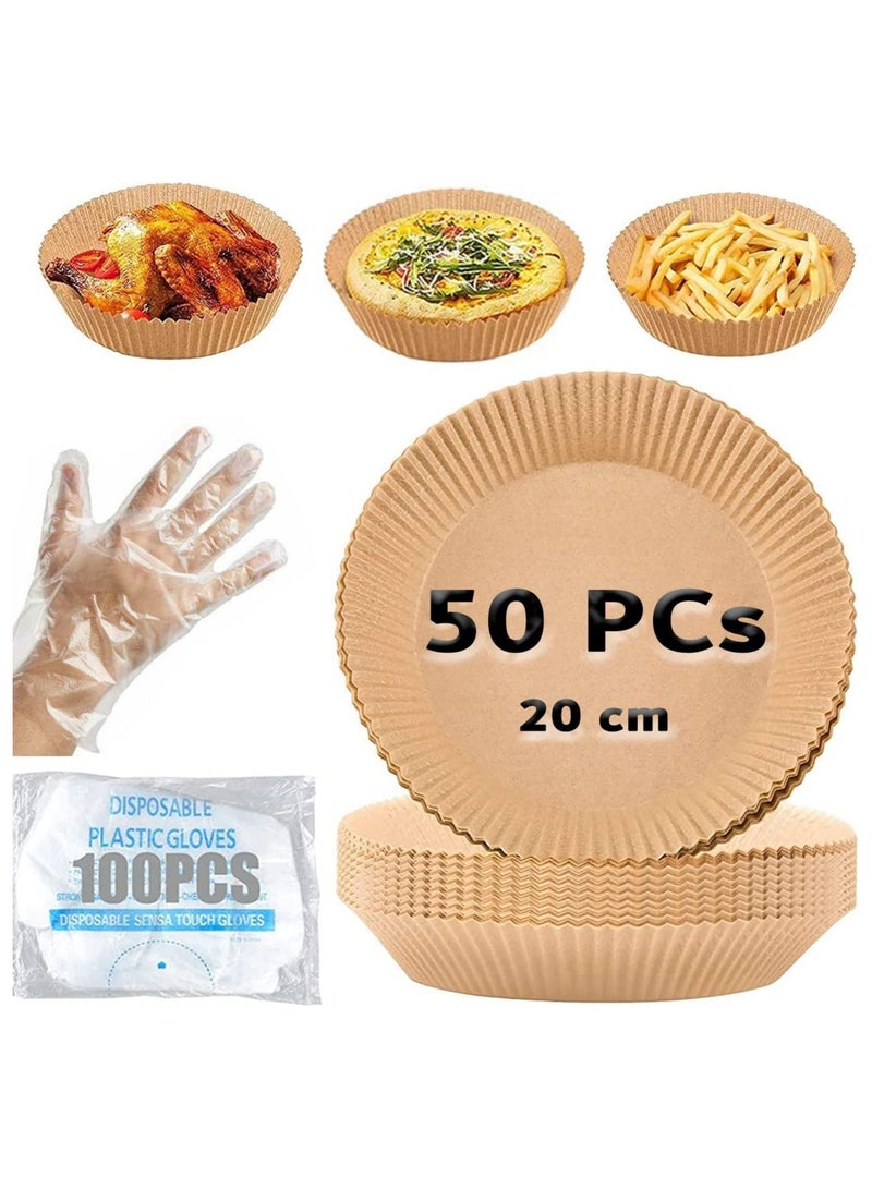 Gonice 50pcs Air fryer Disposable paper liner With 100 Plastic Gloves, Oil-proof, Non-Stick, Safe for Air Fryer, Microwave (20 cm)  - Image 1