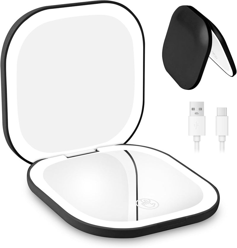HOTUT Small Portable LED Pocket Mirror1X3X Magnification Compact Mirror with LightHandheld 2Sided Magnetic Switch FoldRechargeable Battery3 Colors Brightness Adjustable for HandbagBlack