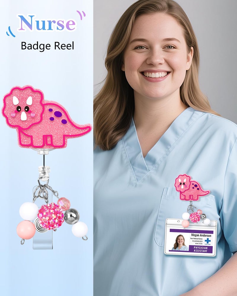 Besoar Funny Dinosaur Nurse Badge Reel - Nursing Badge Holder Retractable with ID Clip,Medical Assistant Pediatric Cute Name Tag Card Accessories with Alligator Clip for Office Student Work Hospital - Image 2