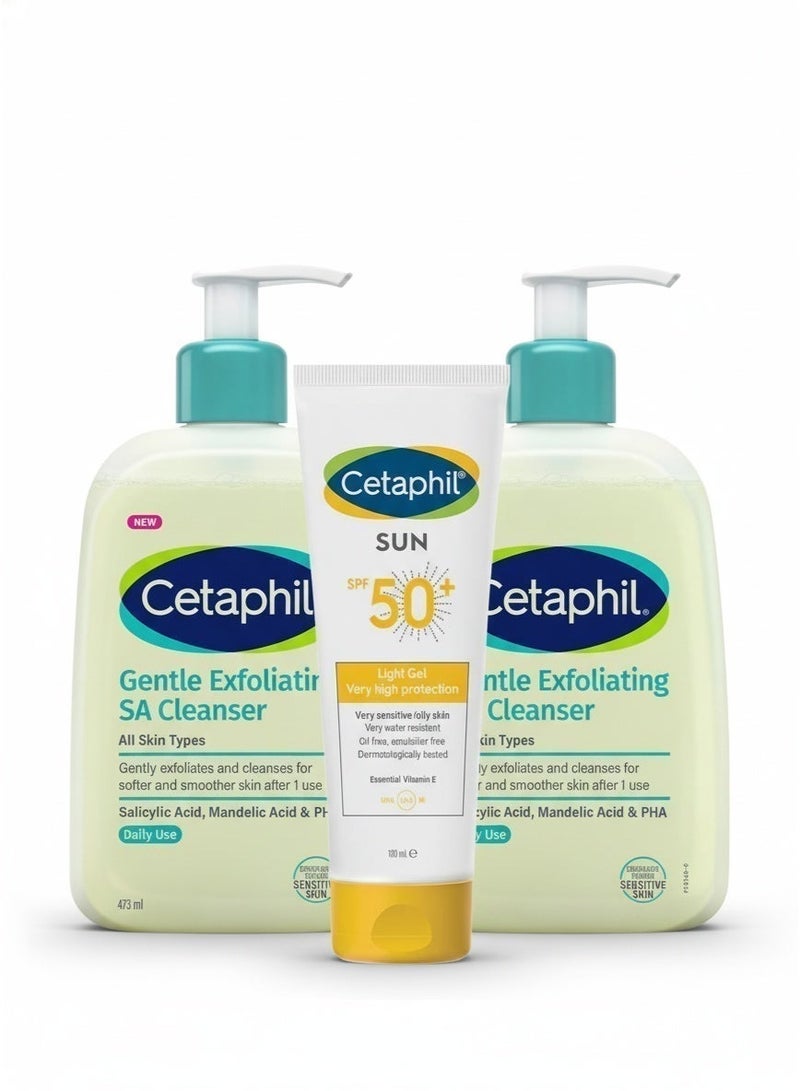 Cetaphil 3-Step Oily Acne Prone Skincare Regimen | Gentle Exfoliating SA Cleanser (473 ml), SA Lotion (473 ml) & Sun SPF 50+ Gel (100ml) | With Salicylic (BHA), Mandelic (AHA) & Gluconolactone (PHA) | For All Skin Types, incl. Oily & Sensitive | Dermatologist Recommended - Image 1