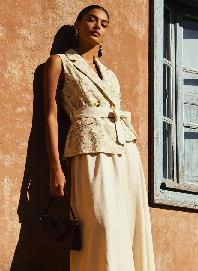 LINEN EMBROIDERED VEST ATTACHED DRESS