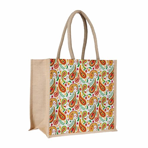Sangra Multicolor Jute Lunch Bag | Printed Design with Zip and Handle for Men and Women16X13X6 In (Paisley) - Image 1