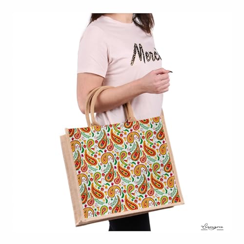 Sangra Multicolor Jute Lunch Bag | Printed Design with Zip and Handle for Men and Women16X13X6 In (Paisley) - Image 3