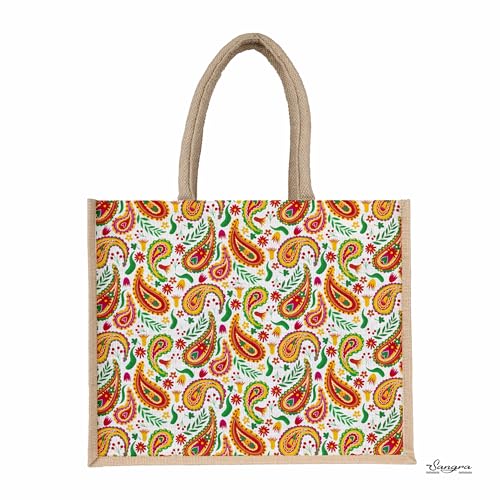 Sangra Multicolor Jute Lunch Bag | Printed Design with Zip and Handle for Men and Women16X13X6 In (Paisley) - Image 2
