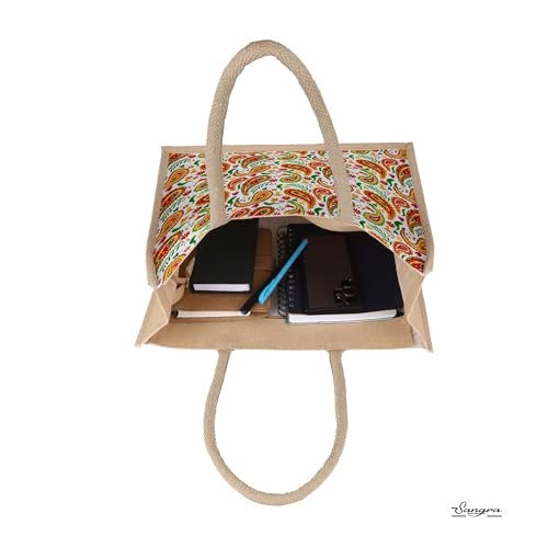 Sangra Multicolor Jute Lunch Bag | Printed Design with Zip and Handle for Men and Women16X13X6 In (Paisley) - Image 4