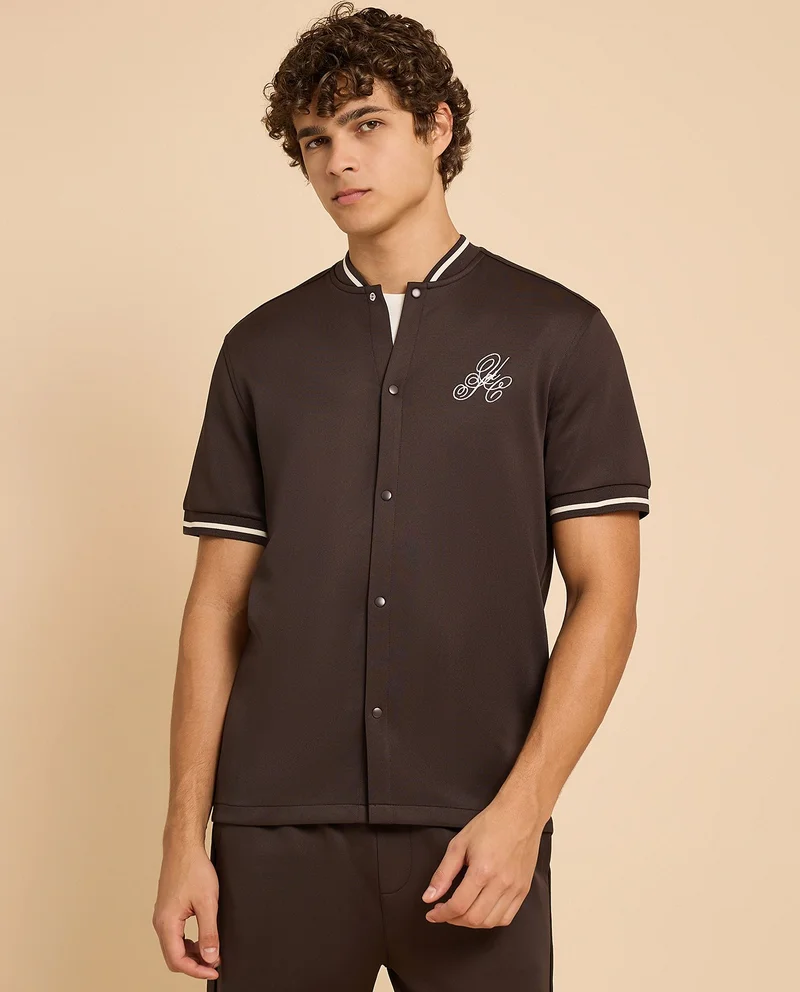 R&b Embroidery Detail Shirt with Stand Collar and Short Sleeves