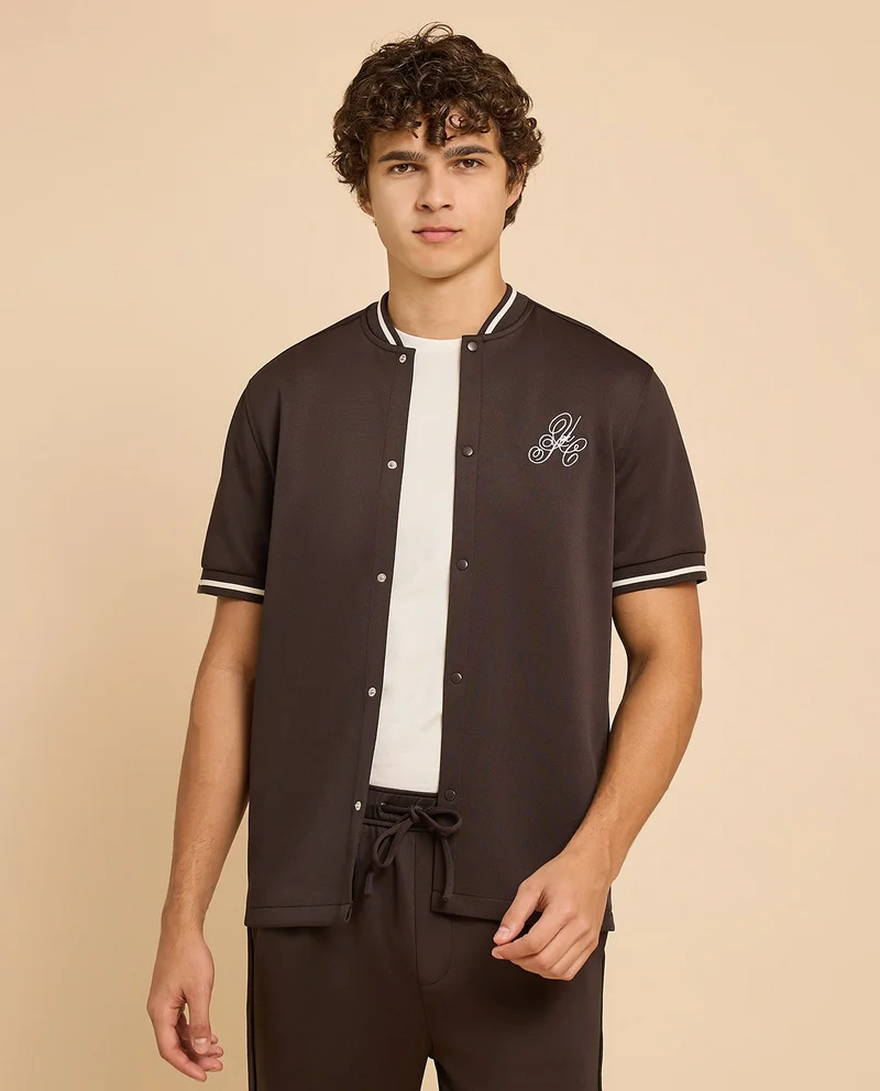 R&b Embroidery Detail Shirt with Stand Collar and Short Sleeves