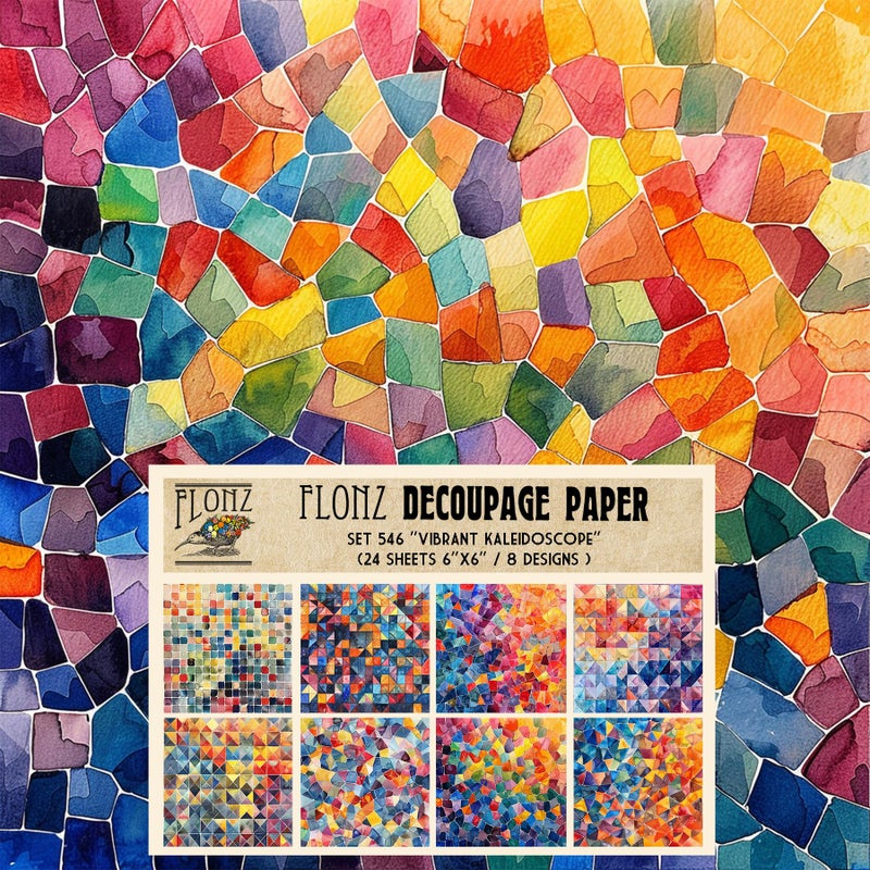 Decoupage Paper Pack (24 Sheets 6"x6") Vibrant Kaleidoscope: Radiant Watercolor Mosaic Patterns in a Spectrum of Colorful Abstract Designs # Vintage Styled Paper for Craft and Scrapbooking