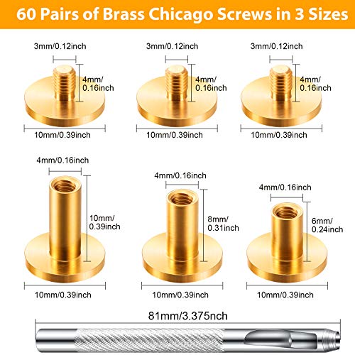 Hotop 60 Pairs Gold Chicago Screws Brass Chicago Screws Solid Rivets for Belts Binding Stud Tools Leather Fasteners Rivets Belt Strap with Hole Punch Tool for DIY Jean(Gold,Mixed Size) - Image 2