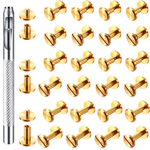 Hotop 60 Pairs Gold Chicago Screws Brass Chicago Screws Solid Rivets for Belts Binding Stud Tools Leather Fasteners Rivets Belt Strap with Hole Punch Tool for DIY Jean(Gold,Mixed Size) - Image 1